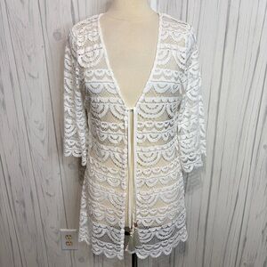 SPIAGGIA DOLCE White Crochet Kimono Swim Coverup Tassel Tie Front, Large